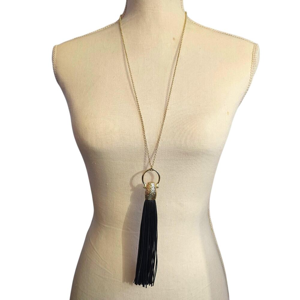 Long Gold Tone Necklace Leather Tassel Pendant Statement Chain Women Jewelry